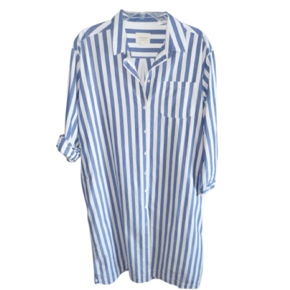 Sezane Maxine Shirt Dress Blue/White Stripe Sz Large Nautical Beachy - Picture 2 of 14